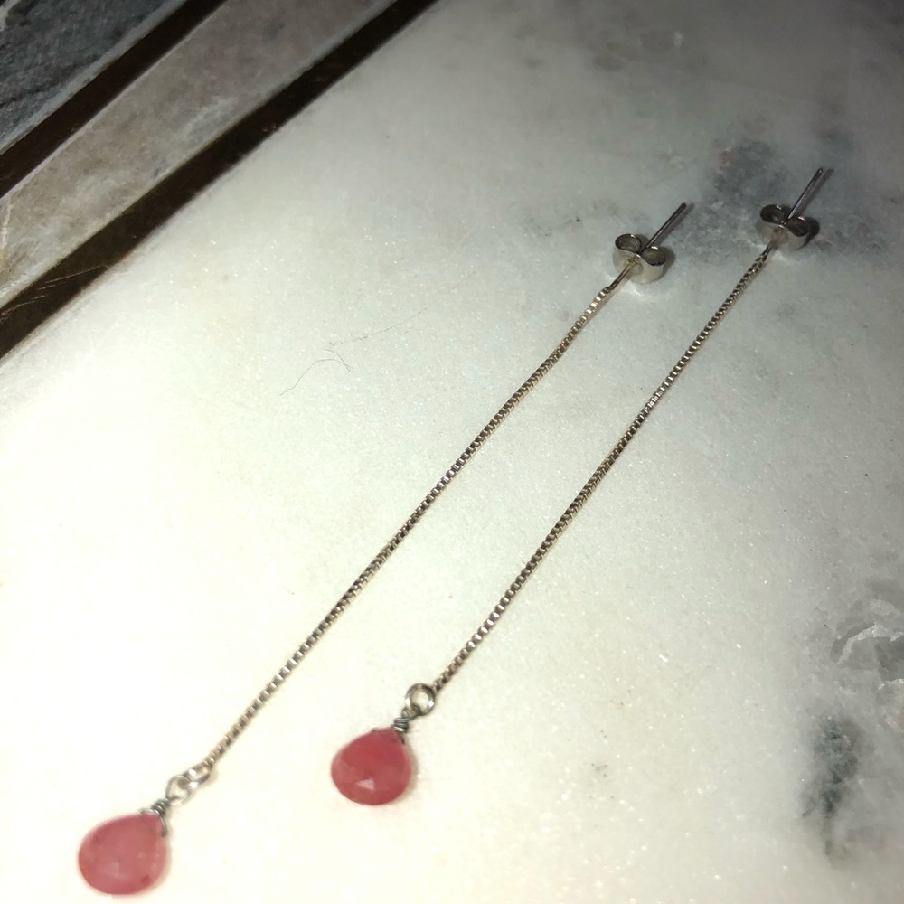 Silver threader dangle pink sapphire earrings
